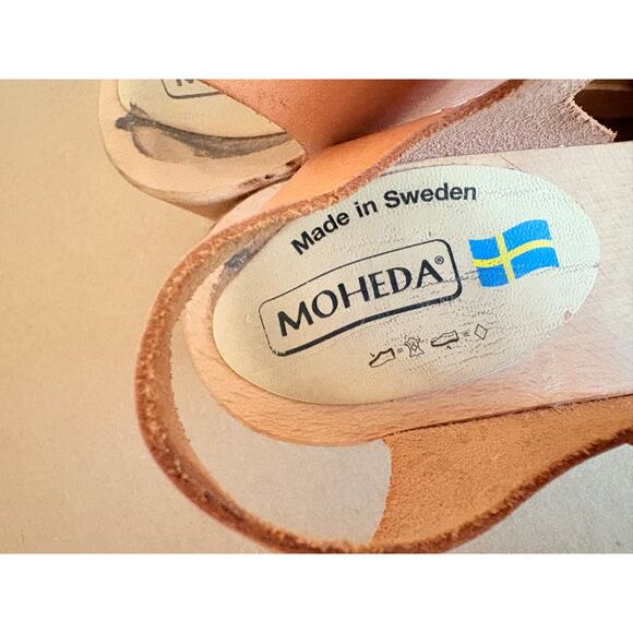 Moheda Swedish Leather Clogs Sandals Tan Woven Strappy Wood Heel Size 38 EU 7 US - Picture 4 of 6